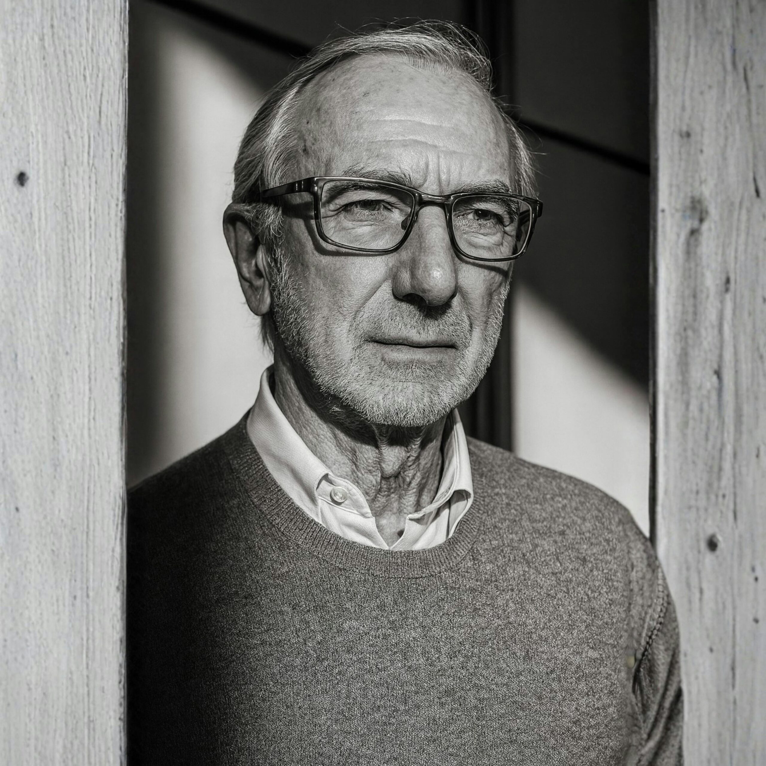 Black and white portrait of an elderly man with glasses in contemplation.