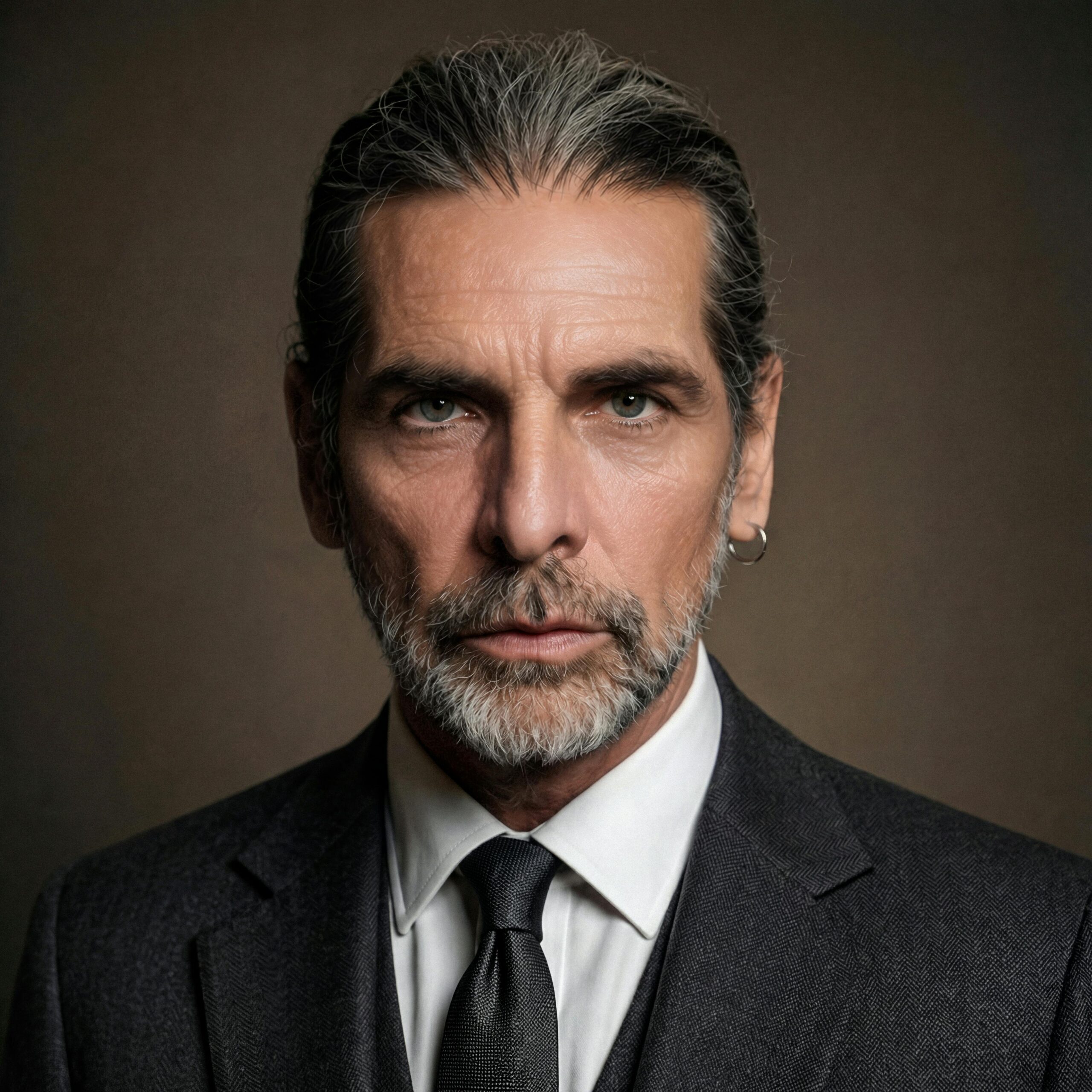Portrait of a distinguished mature businessman with a serious expression, wearing a formal suit and tie.